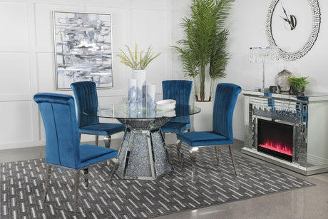 Quinn Teal Round Glass Top Mirrored Dining Room Set main view