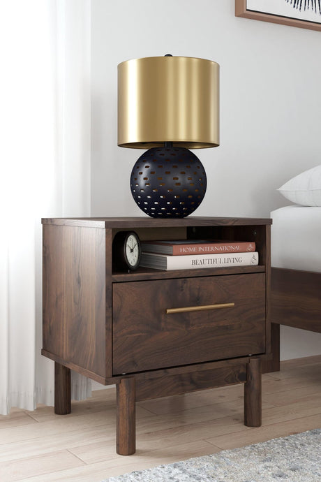 Calverson Mocha Nightstand front angle showing drawer and open cubby