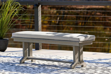 Visola gray outdoor dining bench with cushion angled view