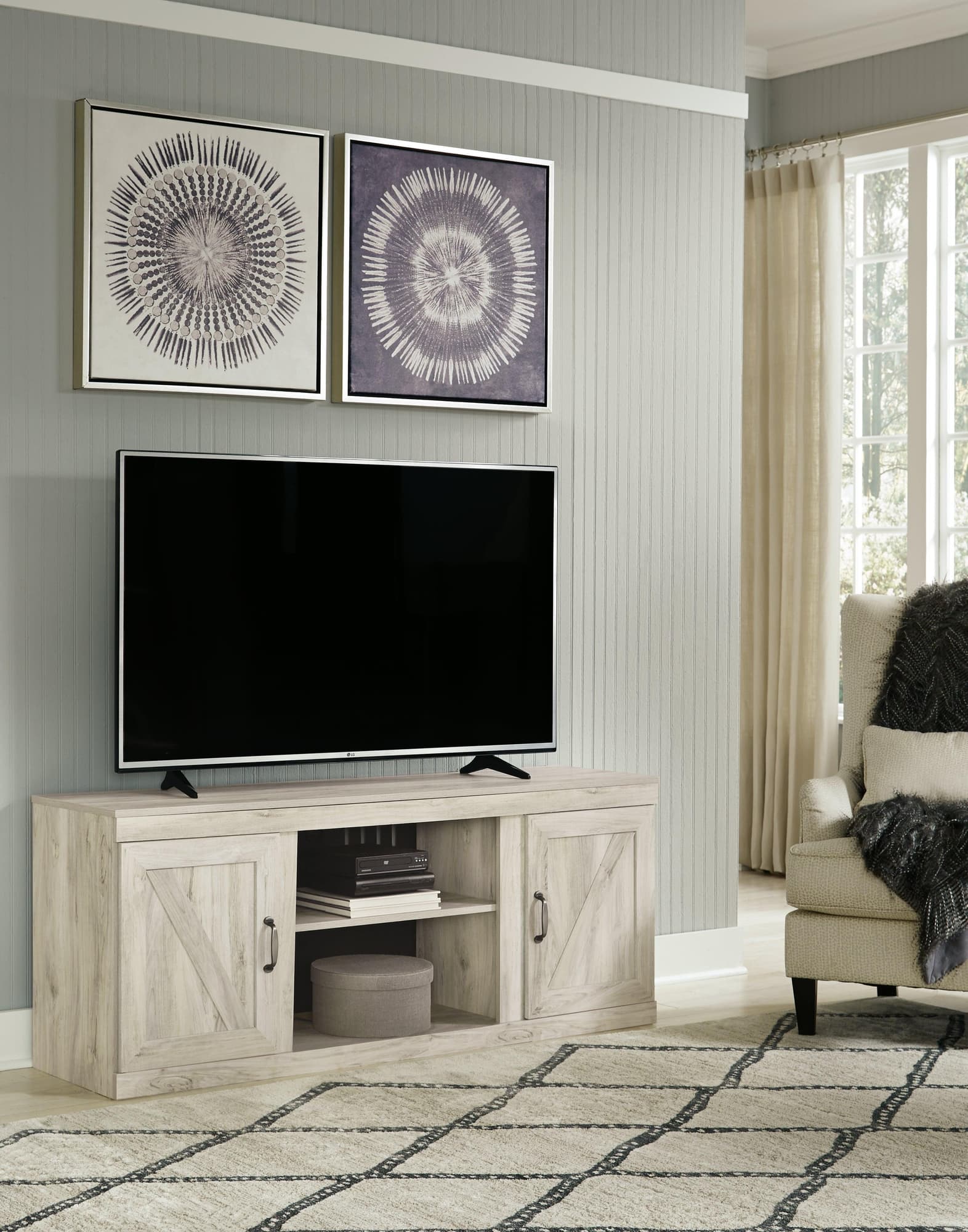 Bellaby Whitewash 60" TV Stand front angle with doors closed