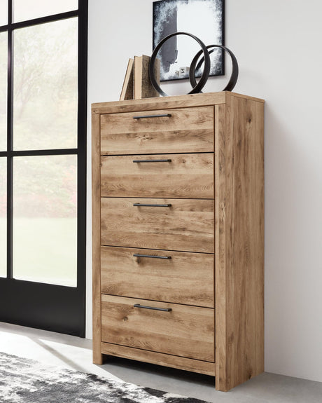 Hyanna Chest of Drawers in tan finish showing front angle with drawers closed