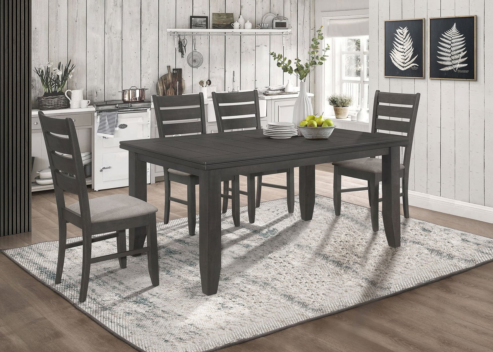 Dalila Dark Grey Rectangular Dining Room Set front view with table and chairs
