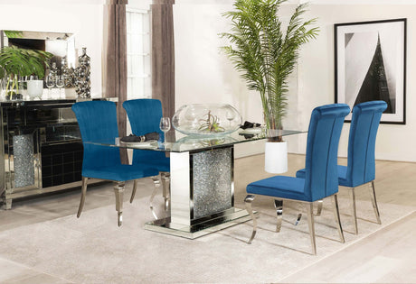 Main view of Marilyn Blue mirrored dining room set with rectangular table and four blue side chairs