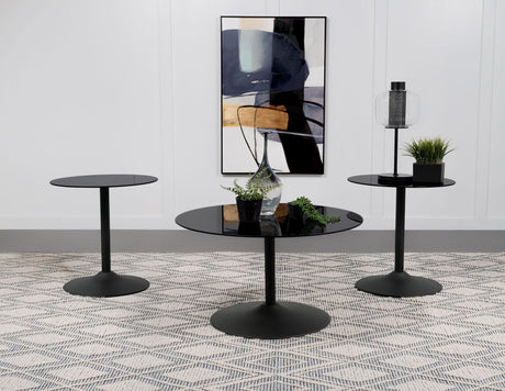 Ganso black round glass top coffee table with metal tulip base