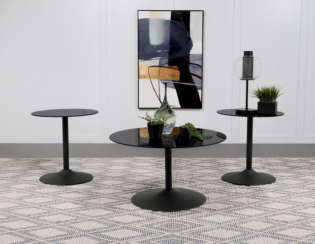 Ganso black round glass top coffee table with metal tulip base