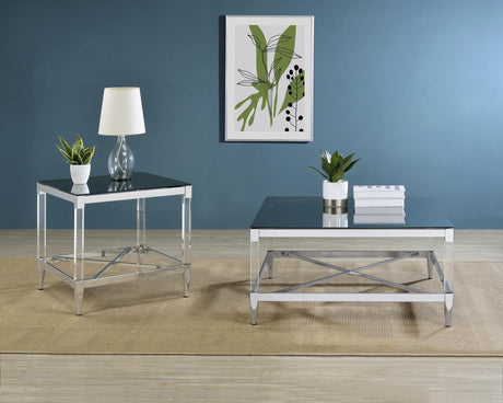 Lindley 2-piece coffee and end table set with chrome frame and mirrored glass tops