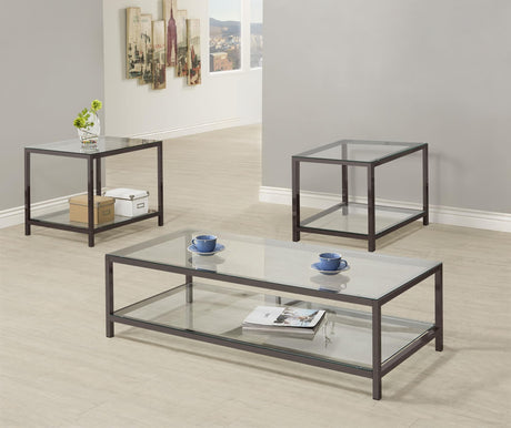 Trini 3-piece coffee and end table set with black nickel frame and clear glass top