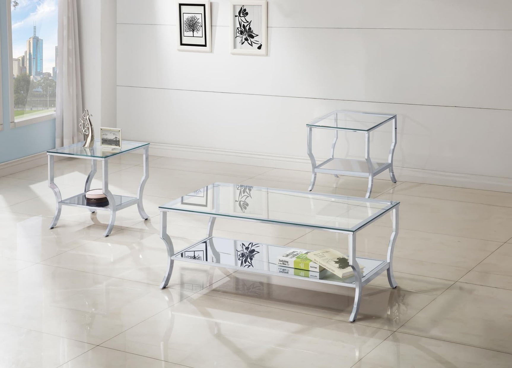 Saide 3-piece glass top coffee and end table set chrome front view