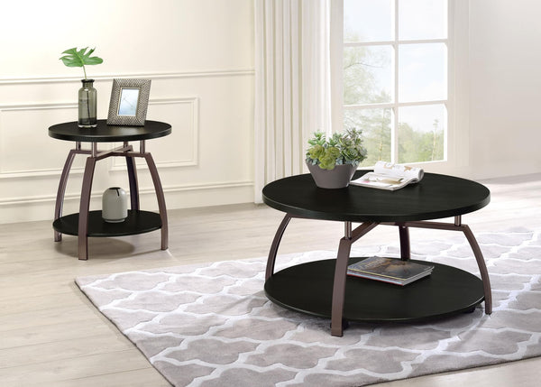 Dacre 2-piece round coffee and end table set with dark charcoal tops front view