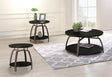 Dacre 3-piece round coffee and end table set, dark charcoal, angled front view