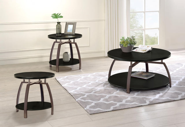Dacre 3-piece round coffee and end table set, dark charcoal, angled front view