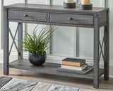 Freedan Grayish Brown sofa console table angled view