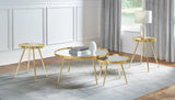 Kaelyn 4-piece round coffee table set with gold metal frame and mirrored tops front view