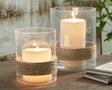 Eudocia small clear seeded glass candle holder with hemp rope base front view