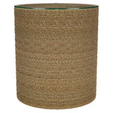 Halden Round Woven Seagrass Accent Side Table, front angle showing glass top and woven seagrass exterior