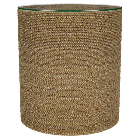 Halden Round Woven Seagrass Accent Side Table, front angle showing glass top and woven seagrass exterior