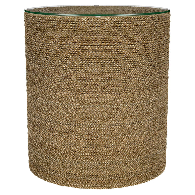 Halden Round Woven Seagrass Accent Side Table, front angle showing glass top and woven seagrass exterior