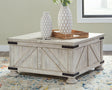 Front angle of Carynhurst whitewash coffee table showing closed top