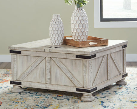 Front angle of Carynhurst whitewash coffee table showing closed top