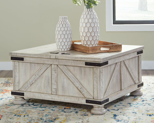 Front angle of Carynhurst whitewash coffee table showing closed top