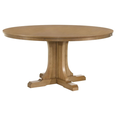 Hartville 60-inch round dining table natural light brown wooden pedestal base front view
