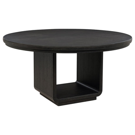 Leandro 60-inch round dining table in burnished black, angled front view