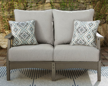Visola Gray Outdoor Loveseat with cushion front angle