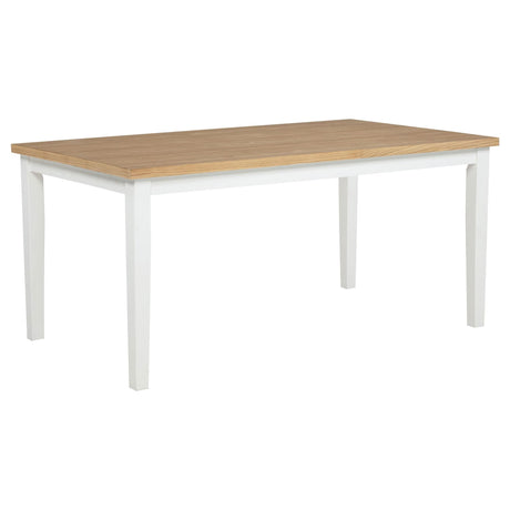 Andrews 66-inch rectangular dining table with light ash wood grain top and white tapered legs