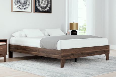 Calverson Mocha Queen Platform Bed, front angle showing full headboard and footboard