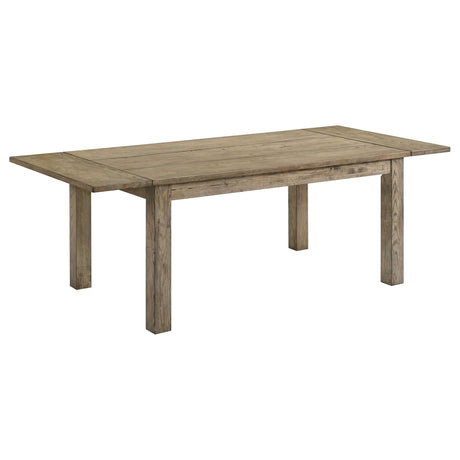 Cardova 87-inch dining table in vineyard oak, front angle with leaves extended