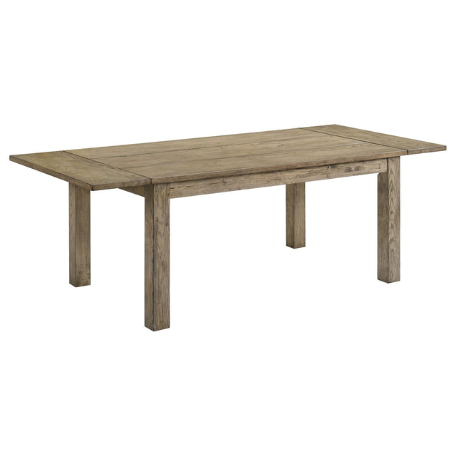 Cardova 87-inch dining table in vineyard oak, front angle with leaves extended
