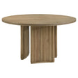 Adina 53-inch round wood dining table with distressed light brown finish, angled front view