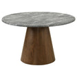 Franklin 59-inch round dining table top view showing grey faux marble laminate