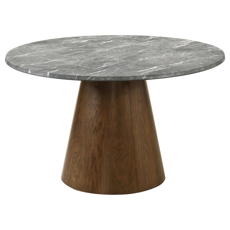 Franklin 59-inch round dining table top view showing grey faux marble laminate
