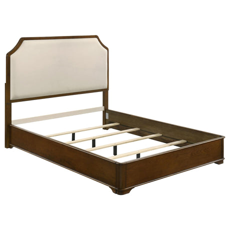 Garland 58-inch queen panel bed cream fabric headboard brown cherry frame angle view