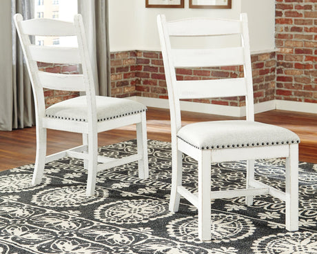 Valebeck beige and white upholstered dining chair front view