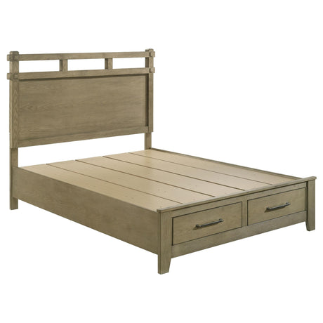 Hazlewood queen panel storage bed in vineyard oak, front angle