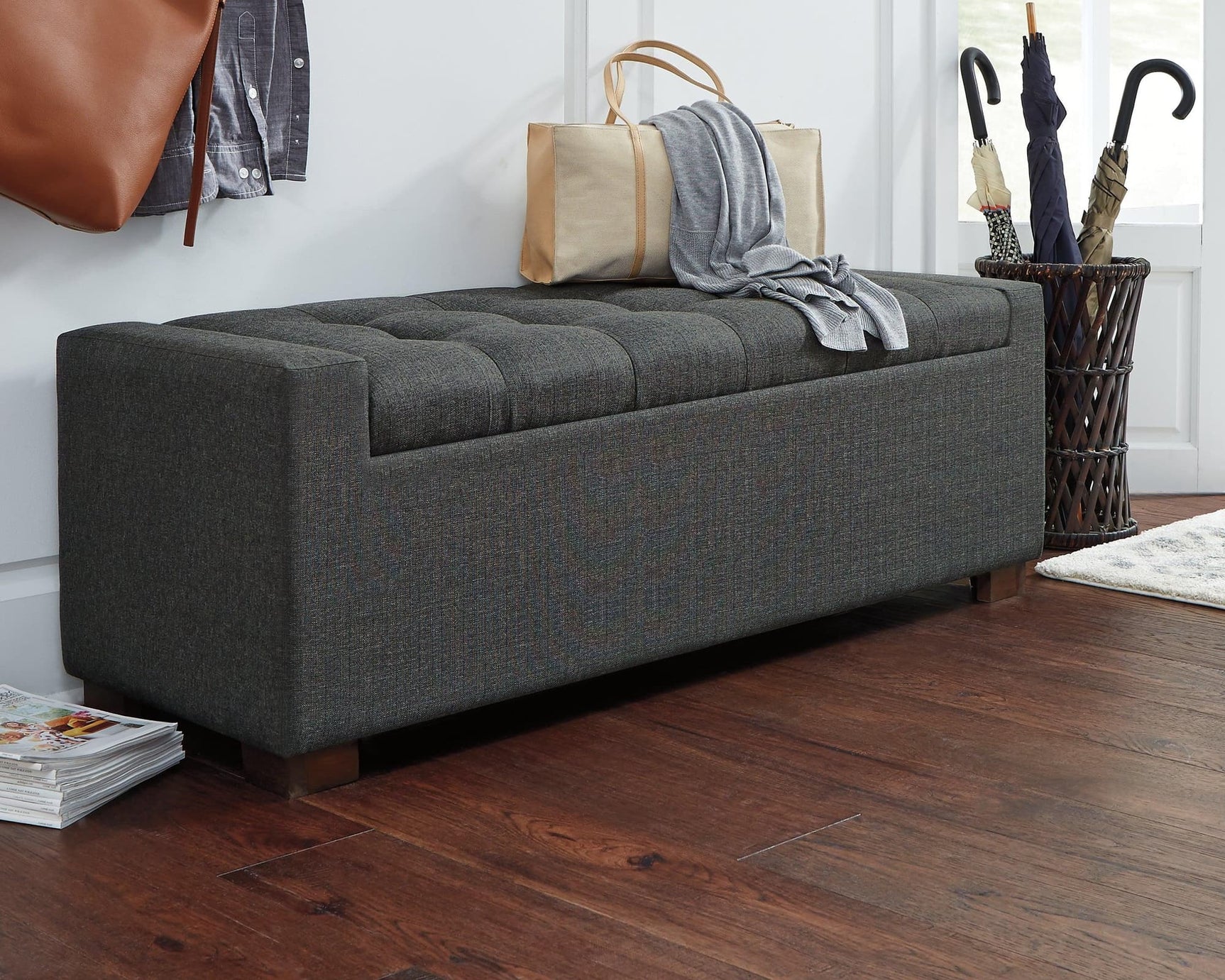 Cortwell Gray Upholstered Storage Bench front angle