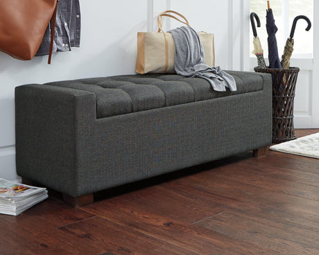 Cortwell Gray Upholstered Storage Bench front angle