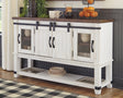 Valebeck dining server in white and brown wood finish showing front closed view
