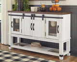 Valebeck dining server in white and brown wood finish showing front closed view