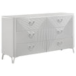 Cassia 6-drawer white high gloss bedroom dresser front view showing geometric ribbed drawer fronts