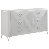 Cassia 6-drawer white high gloss bedroom dresser front view showing geometric ribbed drawer fronts