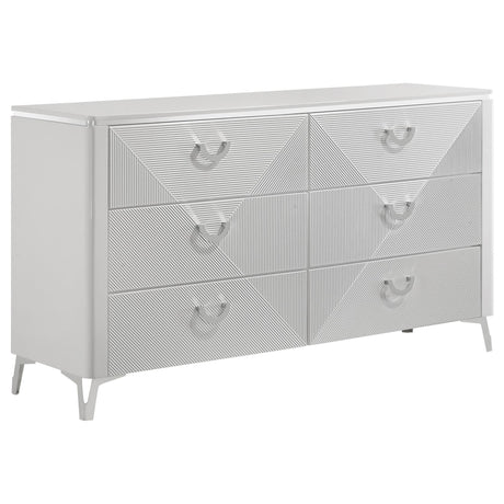 Cassia 6-drawer white high gloss bedroom dresser front view showing geometric ribbed drawer fronts