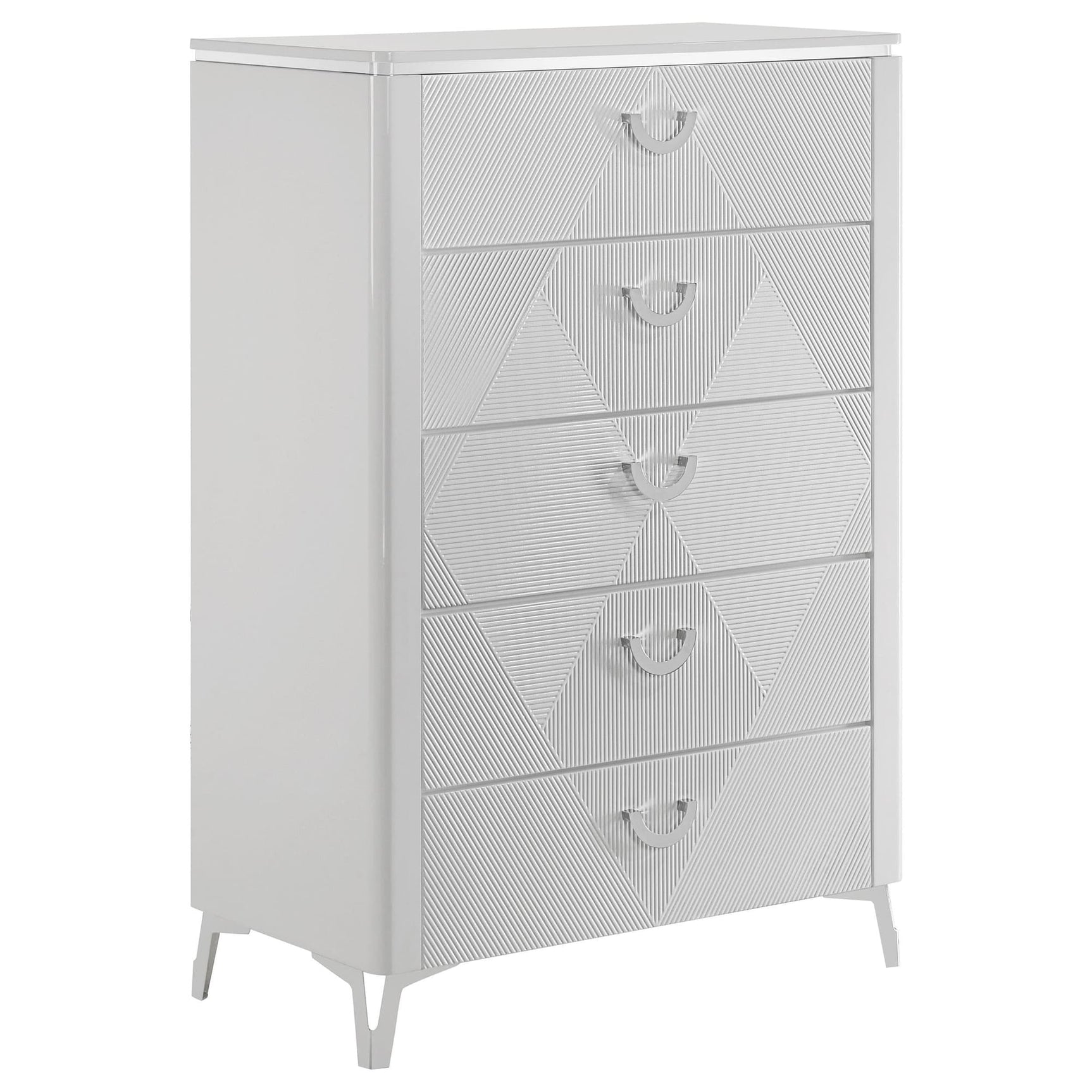 Cassia white high gloss 5-drawer bedroom chest front view