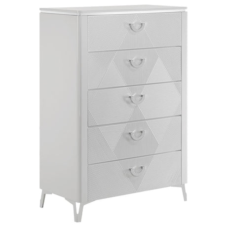 Cassia white high gloss 5-drawer bedroom chest front view