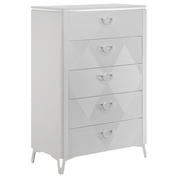 Cassia white high gloss 5-drawer bedroom chest front view