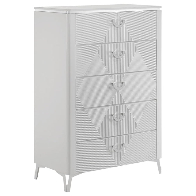 Cassia white high gloss 5-drawer bedroom chest front view