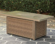 Beachcroft Beige Fire Pit Table angled view showing chevron-patterned top