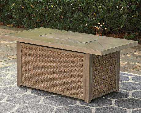 Beachcroft Beige Fire Pit Table angled view showing chevron-patterned top